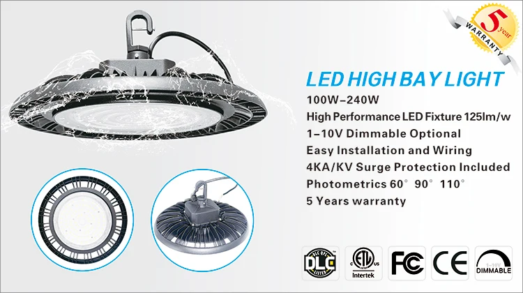 ETL DLC Listed 150W 5000K IP65 UFO High Bay, Waterproof Industrial Grade LED Warehouse Lighting