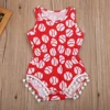 wholesale sleeveless baby girl romper baseball printed jumpsuit onesie red suits white pompom baby romper