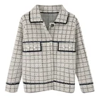 Ladies Fashion Korean Sweater Imitation Mink Velvet Plaid Check Pattern Short Style Chic Knit Cardigan Overcoat