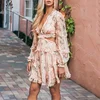 2019 summer women elegant floral print frilly chiffon two piece dress charming long sleeve crop top and skirt set