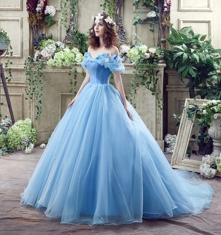 الأميرة الكرة ثوب قبالة الكتف سندريلا الأزرق فستان الزفاف الزفاف مع مشد الظهر