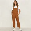 Fashion Women Sleeveless Brown Custom Linen Cotton Long One Piece Jumpsuit 2019