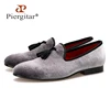 Piergitar 2018 New style Handmade Loafers Gray velvet Men shoes with Black suede tassel Fashion Party dress shoes men's flats