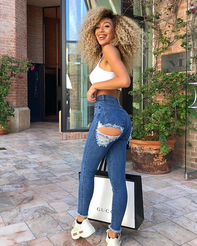 HIgh Waist Blue Denim With Butt Distressed Skinny Lady Pencil Jeans