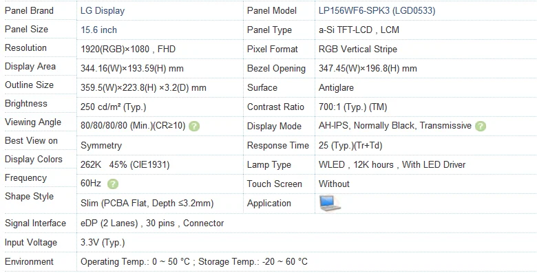 LP156WF6-SPK3 οθόνη lap-top 15,6 ίντσας, επιτροπή WLED Backlight 15,6 LCD για το lap-top