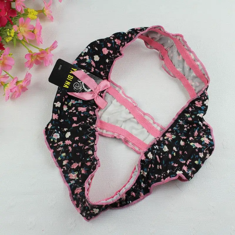 Stock sey Cotton g string thongs women panties underwear briefs Cotton black with little Floral g-string ropa bragas tangas calc