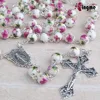 8mm Ceramic Flower Beads Rosary with Anti-Silver Hail Mary Center and Fancy Cross