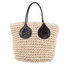 Hand Made Hand Hand Bags JAKIJAYI Hand Made Paper Straw Beach Bag With Black Leather Handle