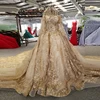 Bling Gold Luxury Wedding Dress Bridal Gown Lace Queen Style Cathedral Longo Dubai Muslim Castal Bridal Dresses