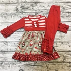 Christmas Latest Design Kids Fashion Outfits Two Pieces Baby Girl Boutique Details of Striped Buttons Clothing Sets
