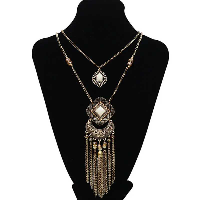 New arrivals sweater long pendants necklaces bohemia 2 layers tassel necklaces vintage antique gold crystal handmade necklaces
