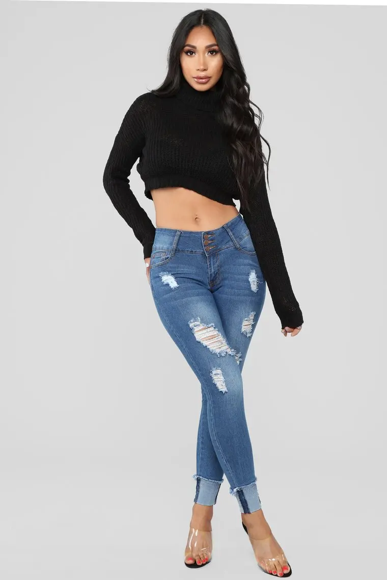 Stretch High Waist With Stacked Button Rolled Hem Skinny Brazilian Jeans for Women