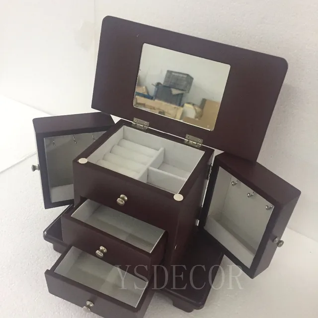 gift ring jewelry box with mirror and three drawer in espresso wood finish