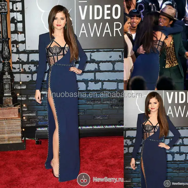 Seksi Selena Gomez kutlama elbiseleri koyu mavi uzun kollu tam uzunlukta sırf dantel içinde yüksek yarık kılıf gece elbisesi NB0799