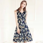 Summer new sleeveless natural cotton printed V-neck print in the long paragraph women linen dress
