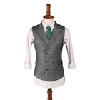 MENS WOOL GREY GRAY TAILORED FIT CHECK LAPEL COLLAR WAISTCOAT VEST