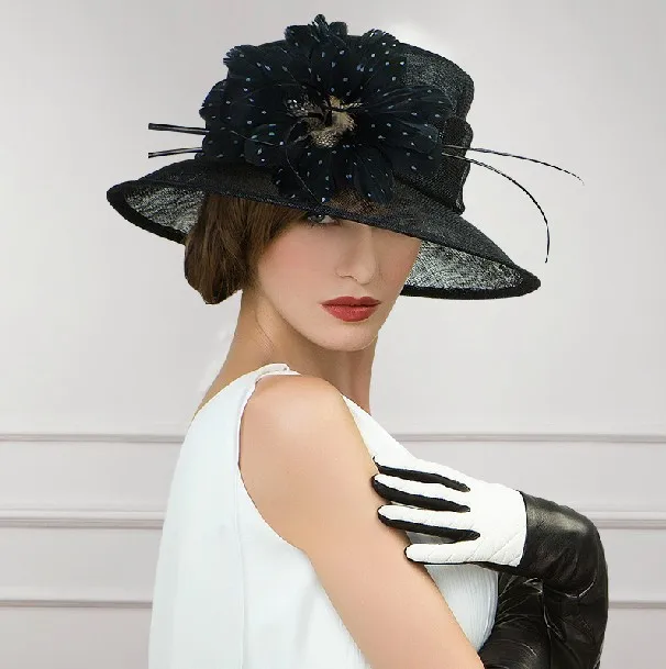 Newest design wedding dress hats with feather black church hats for