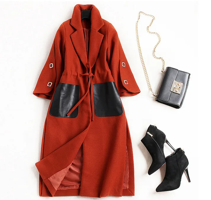 women woolen PU Pocket patchwork coat 7_