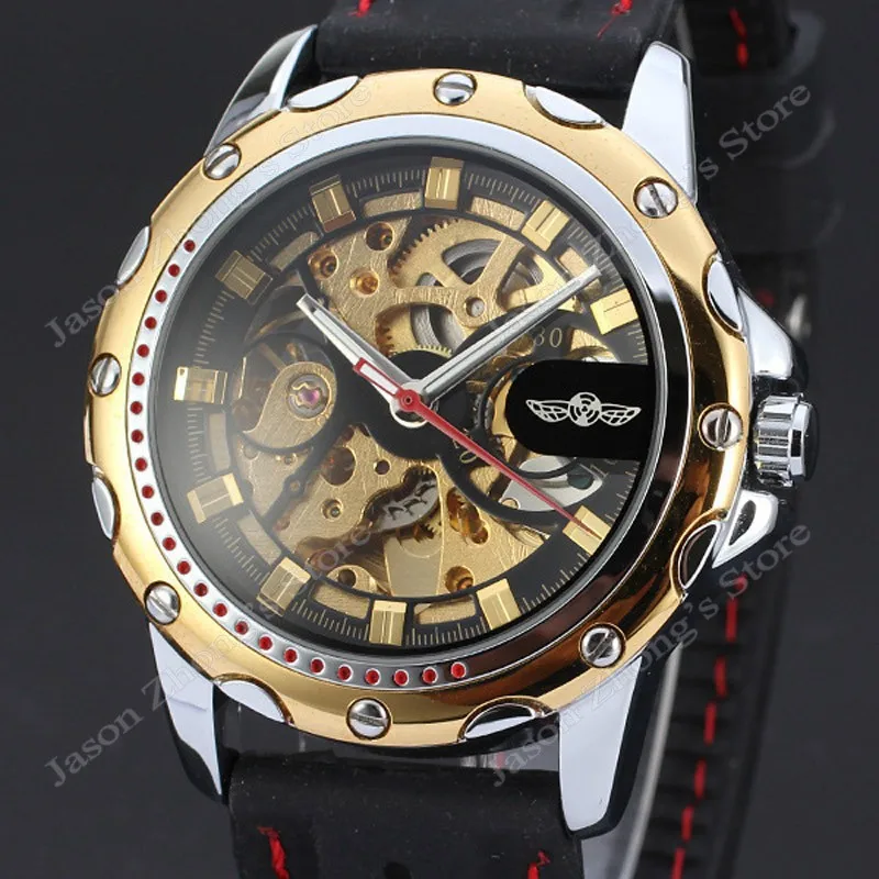 New WINNER Hollow Engraving Skeleton Casual Design Black Golden Case Rubber Strap Watches Men Luury Brand Automatic Watches