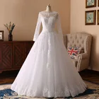 Real Pictures Scoop Lace Appliques Pearls Custom Made Ball Gown Long Sleeve Western Wedding Dresses