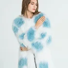 Custom Design Luxury Hand Knitted Blue Genuine Raccoon Fur Jacket Long Fur Coat
