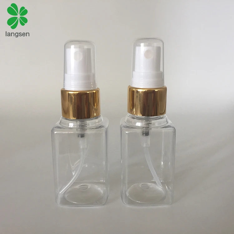 Hot selling PET 40ml square spray bottle with gold mist sprayer cap, perfume bottle