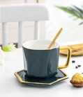 Royal green color irregular shape fancy coffee tea ceramic cup with saucer for restaurant