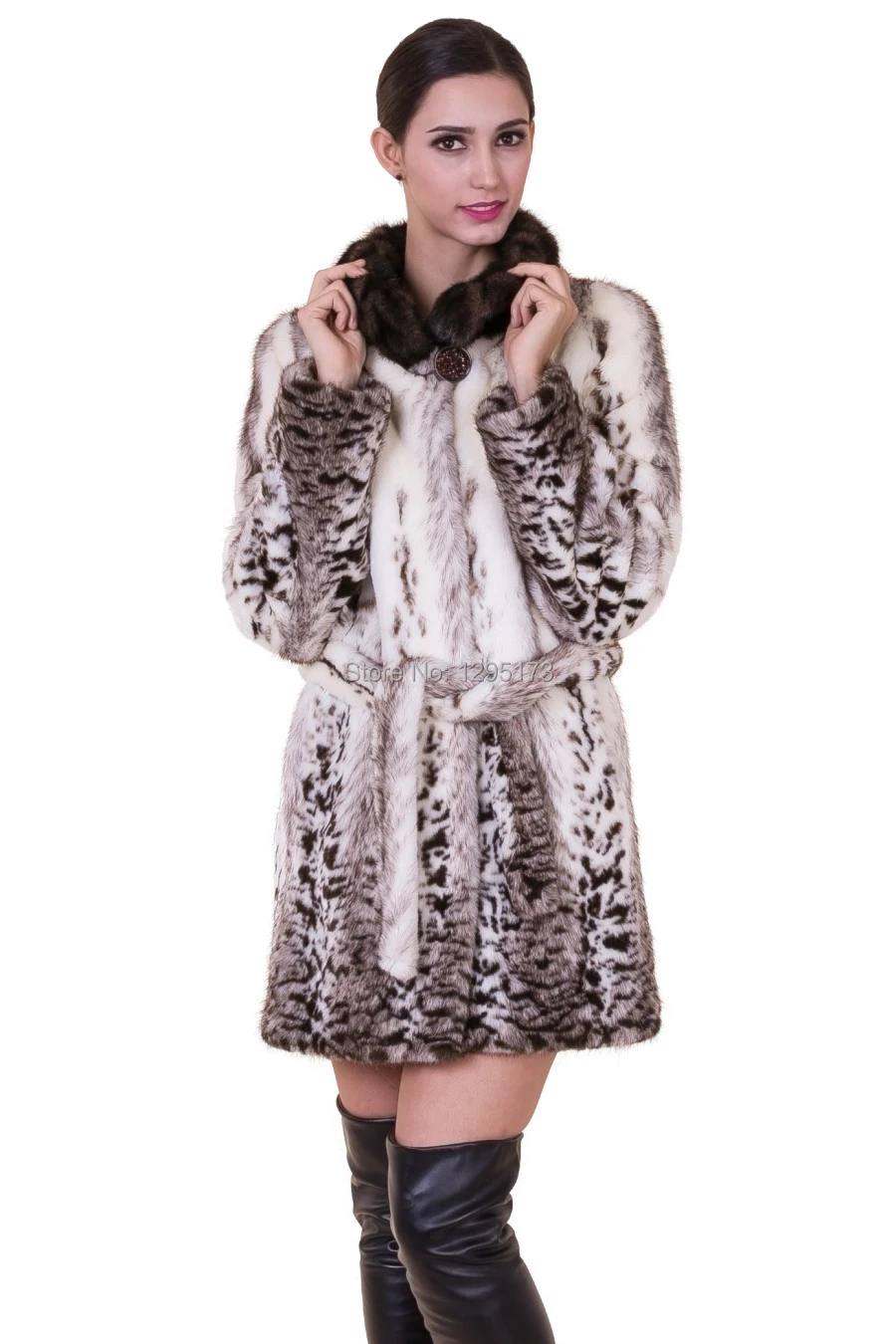 2015 new Pattern faux fox fur with dark brown mink fur collar women middle-length coat