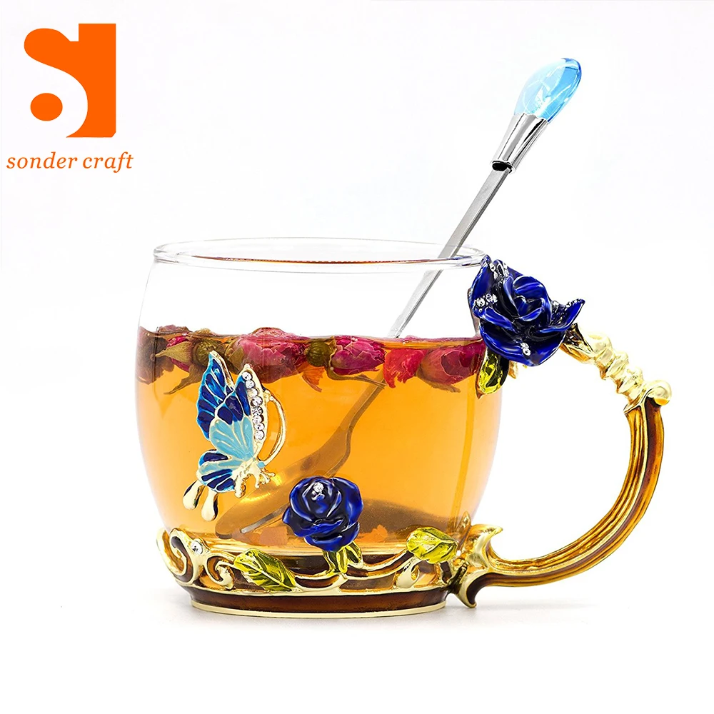 flower design coffee cup, creative enamel cup glass coffee mug