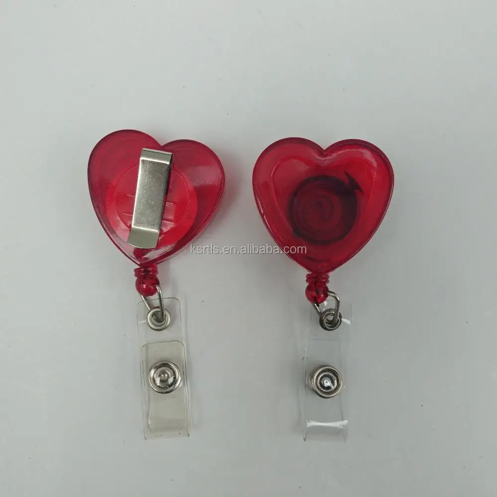 custom red heart shaped badge reel retractable plastic badge