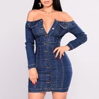 Long sleeves washing denim button down mini bodycon club dress