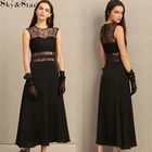 New design sleeveless round neck lady black lace jacquard long evening dress
