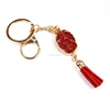 Wholesale red druzy stone key chain oval pendant key chain with velvet tassel