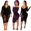 Sexy plus size mesh lace see through midi dress v neck long sleeve tight women clothing