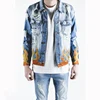 Wholesale long sleeve distressed denim jeans jackets men black flame embroidered fitted denim coats from china supplier