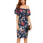 Yihao Summer Clothes Womens Short Sleeve Multicolor Floral Print Off The Shoulder Ruffle Sheath Dress