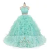 ASQ11 Real Design 3 Pieces Green Detachable Ruffle Skirt Lace Crystal Prom Dress Ball Gown Quinceanera Dresses