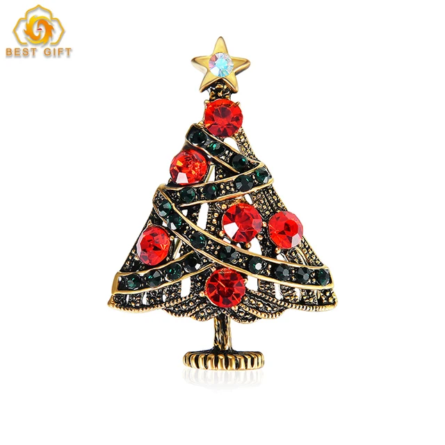 christmas tree metal crystal pins promotion gift lapel badge