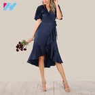Ruffle Hem Satin Wrap Tie Navy V Neck Fashion Elegant Party Woman Casual Dress