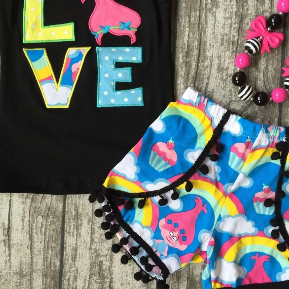baby Girls Summer clothes girls children LOVE troll hair outfits kids flutter sleeve and rainbow shorts outfits with accessories