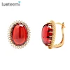 LUOTEEMI Wholesale Women Luxury Noble Oval Cutting Garnet Color Stone With Clear Zircon Surrounded Fashion Cuff Stud Earrings