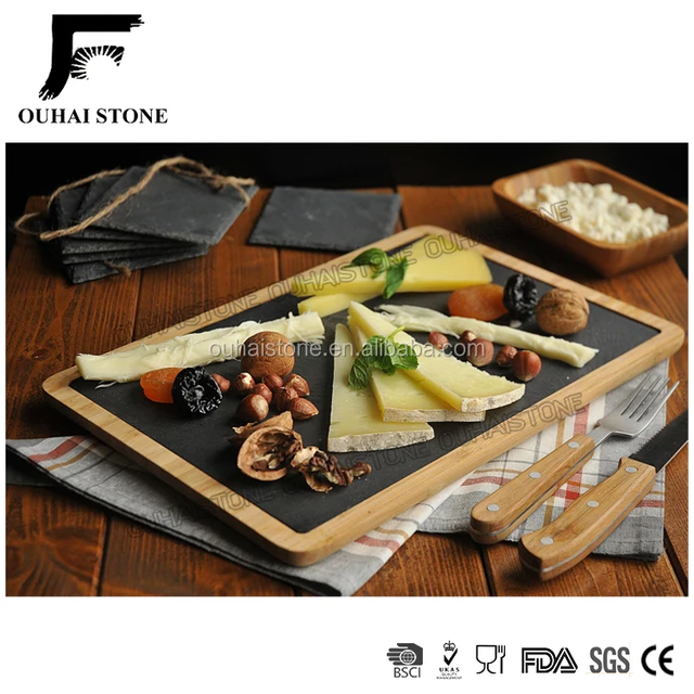 black slate stone serving tray with bamboo plate natural rect