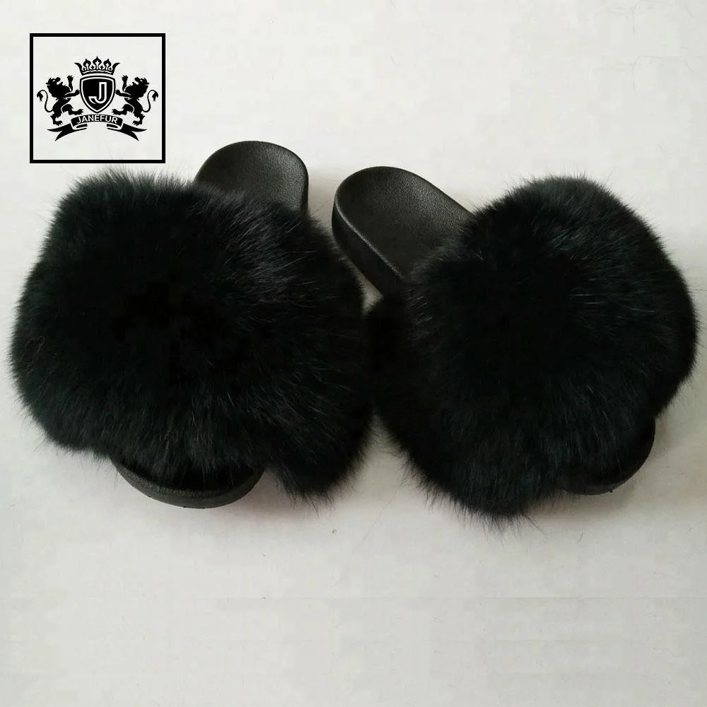Black Fluffy Fox Fur Slides Women 
