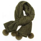 Manufacture women winter crinkle pashmina scarf bling bling fur ball lady pom pom shawl