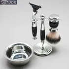 JDK 4 Pcs Mens Shaving Set with Synthetic Hair Beard Brush Double Edge Safety Razor Stainless Steel Stand and Soap Bowl