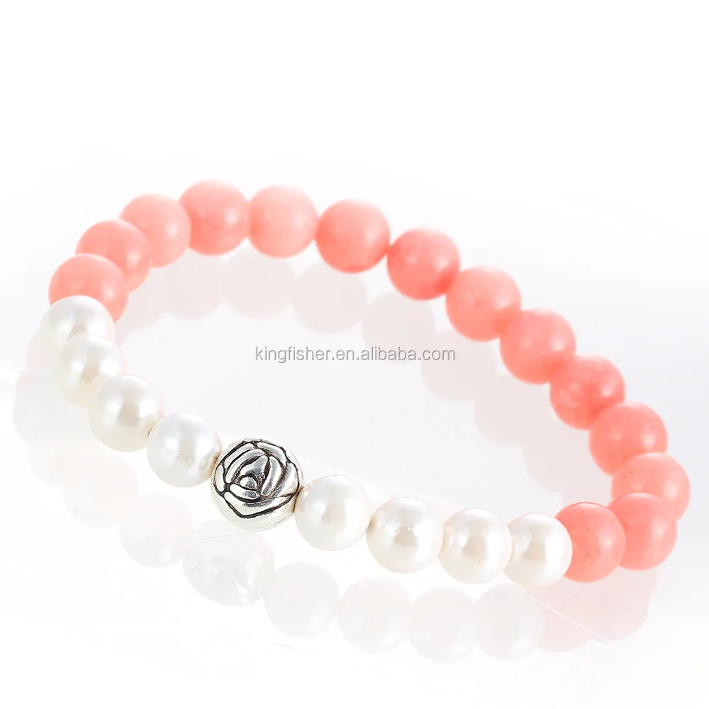 elastic line braided pearl bead pink quartz stone bracelet with
