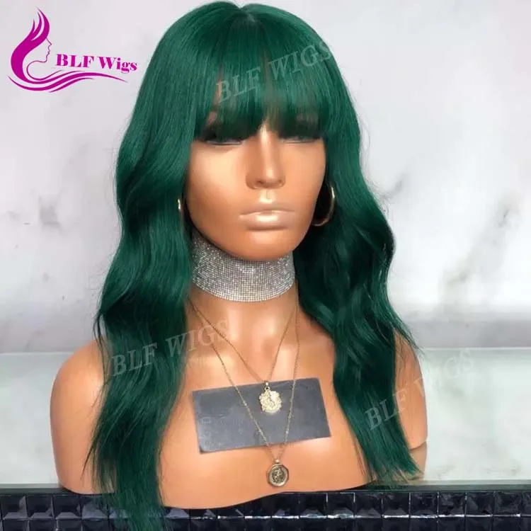 Green Color Water Wave Peruvian Hair Lace Front Human Hair Wig Bleached