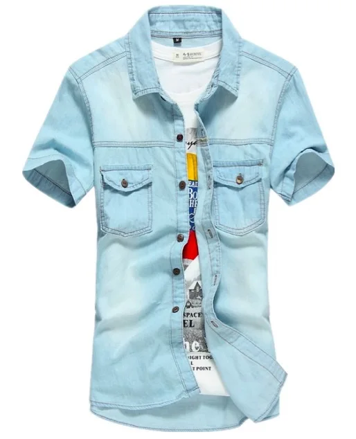 2015 Men's denim jeans Shirts casual Summer Fashion denim Shirt Short Sleeve Jeans Shirts Men Plus Size 3XL casual shirts