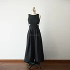 Sexy Scoop neckline Black Satin V Back Long Wedding Bridesmaid Evening Prom Dress