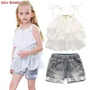 cheaper girl clothes Summer new Korean chiffon sling ruffled fashion casual baby girl boutique clothes sets flower denim dress